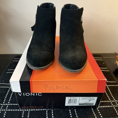 Vionic Upright Anne Black Snake Ankle Boots 7.5 W Suede Zip Heel Comfort Box