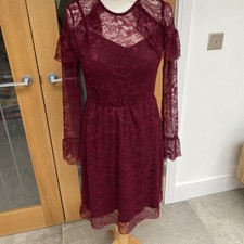 Warehouse   Burgundy Red Lace Long Sleeve knee length Uk 8  £52.00 Xmas Party 