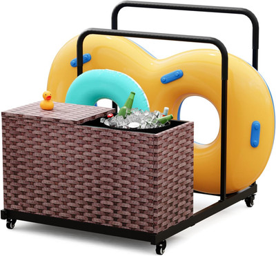 Pool Storage, Pool Float Storage Bin with Wheels, Waterproof Metal with Rattan P