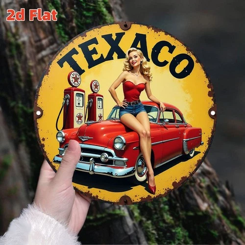 Texaco Vintage Gas Station Tin Metal Sign Round Wall Art 8x8