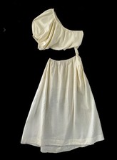 Farm Rio Cream One Shoulder Exposed Midriff Long Maxi Dress Puff Sleeve Large