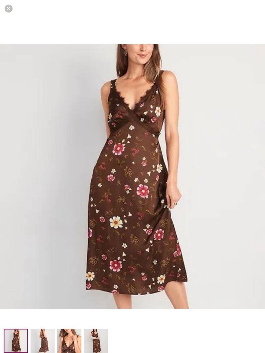 Old Navy Lace-Trimmed Satin Cami Shift Dress Size Medium Floral Pink Brown Old Navy Lace-Trimmed Satin Cami Shift Dress Size Medium Floral Pink Brown