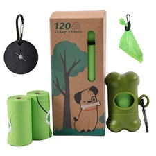 120 Bolsas Biodegradables para Perro 8 Rollos con Dispensador y Porta Bolsas