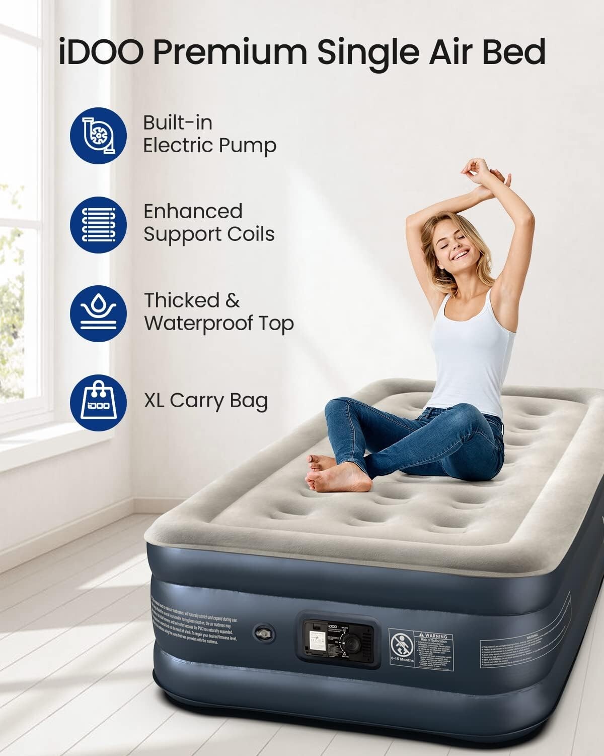 iDOO SINGLE Size Air Bed Inflatable bed Built in Pump 3 Mins Inflation