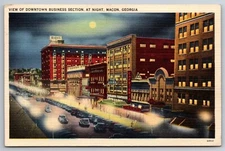Downtown Main St Business Section At Night Macon GA C1930s Linen Postcard W21