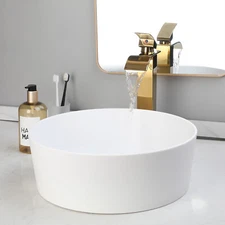 15" White Bathroom Vessel Sinks Stone Resin Round Basin Bowl Gold Faucet Drain