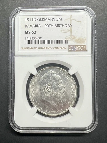1911D Germany 3 Mark Bavaria- 90th Birthday MS-62 NGC Certified