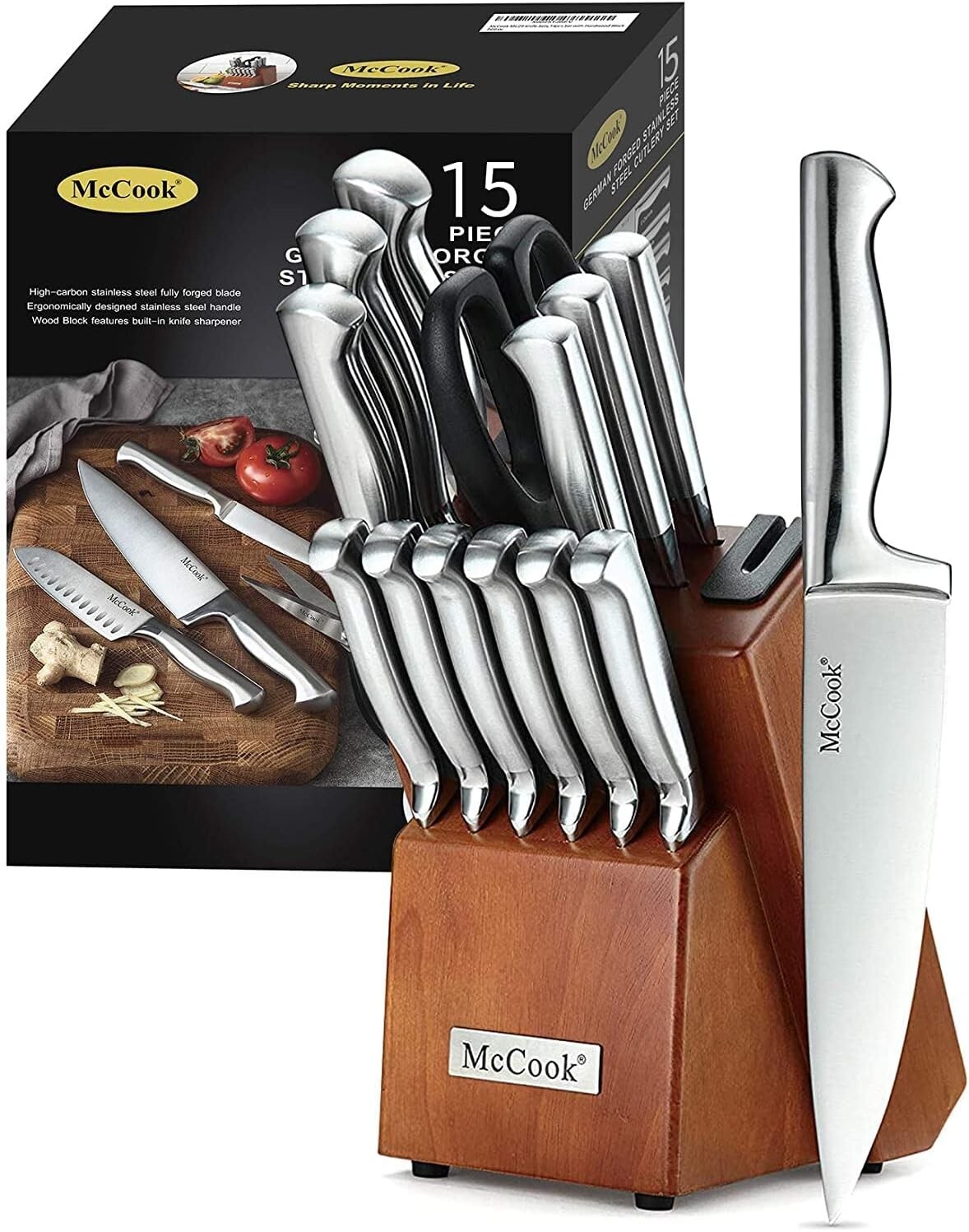 Knife Set, 15-Piece Kitchen Knife Set with Block Wooden German Stainless Steel-image