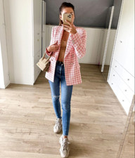 ZARA NEW WOMAN DOUBLE BREASTED TEXTURED WEAVE JACKET CHECK PINK 7553/147 S M