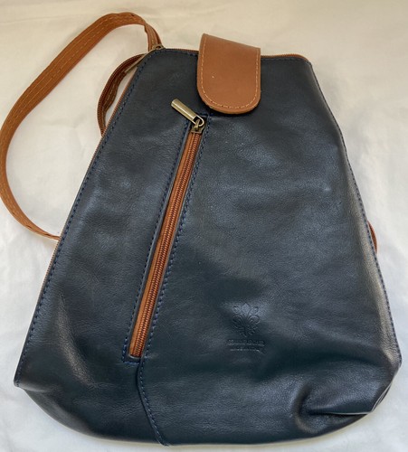 Vera Pelle Navy Leather Bag Brown Trim 
