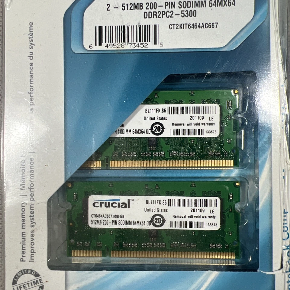 2 Crucial 1GB Kit 512MB 200-PIN Sodimm 64MX64 CT2Kit6464AC667 D3 - Image 2 of 4