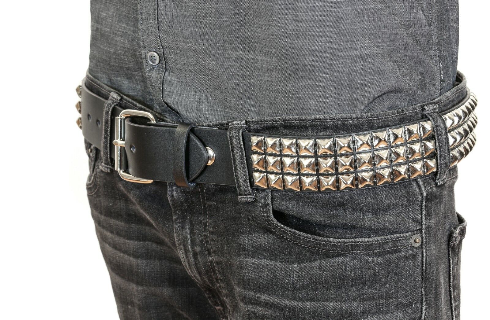 Studded 3 Row Silver Pyramid USA Made Belt Genuine Leather Punk Rock Gothic