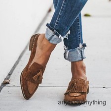 Womens Casual Slip-On Tassel Flats Loafer Oxfords Shoes Suede Pointed Toe Mules