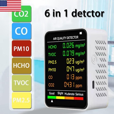 6in1 Air Quality Monitor CO PM2.5 TVOC HCHO Detector Carbon Dioxide Exceed Alarm