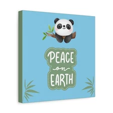 Matte Canvas Wall Art Decor Gray Green Panda Bear Peace on Earth Design 