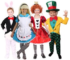 KIDS WONDERLAND COSTUMES BOOK CHARACTER QUEEN ALICE HATTER MR RABBIT FANCY DRESS