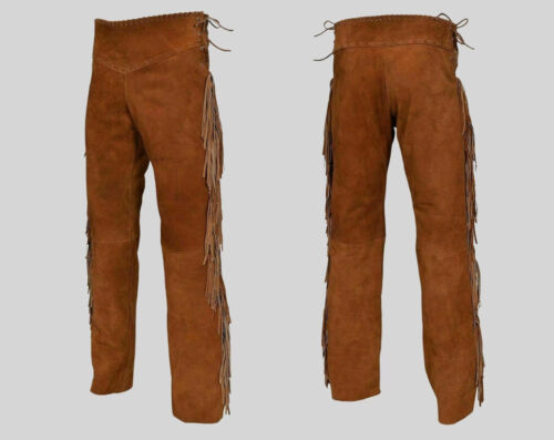 Pantalon à franges homme Western Cowboy cuir marron cuir daim amérindien en daim - Photo 1 sur 5