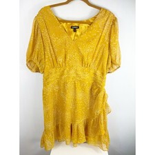 Express Womens Yellow Short Sleeve Dress Ruffle Bottom Small Dot Pattern XL