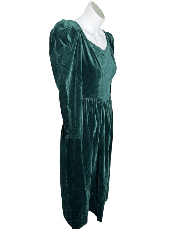VTG 90s Laura Ashley Velvet Dress Women 10 Midi Bow Puff Sleeve Boho Green - Image 3 of 4