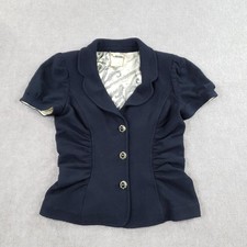 St. John Couture Blazer Womens 12 Navy Short Sleeve Ruched Gold Buttons Made USA