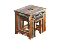 3Er Set Beistelltisch Indisches Altholz Couchtisch Mehrfarbig Hocker Massiv