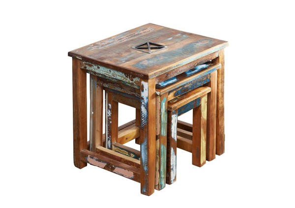 3Er Set Beistelltisch Indisches Altholz Couchtisch Mehrfarbig Hocker Massiv-image