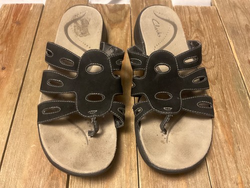 Clarks Bendables Women's Sandals Size 8.5M Black Leather Slides