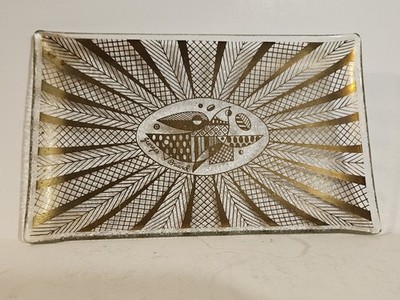 Georges Briard MCM Gilt Glass Tray Atomic Sunburst Signed 6 5/8'' x 4 1/8''