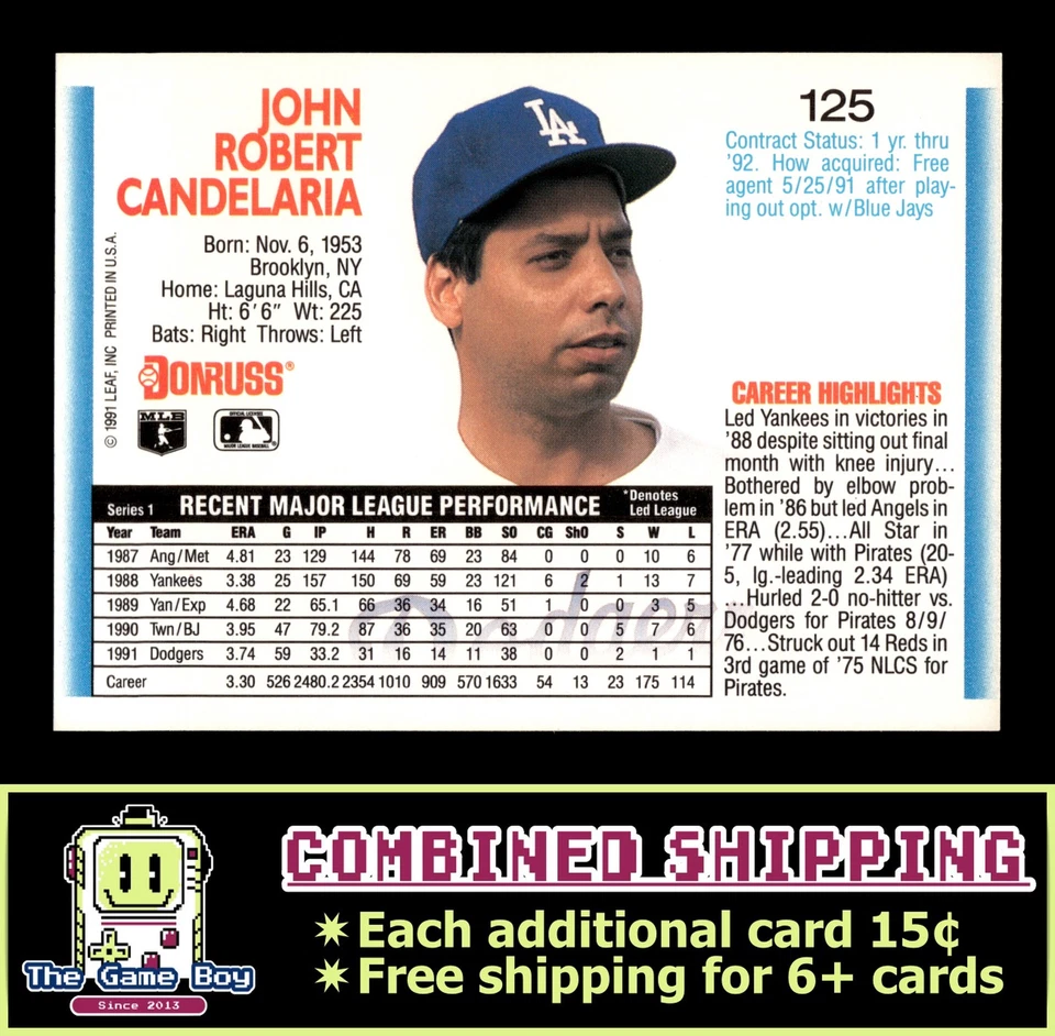1992 Donruss #125 John Candelaria Los Angeles Dodgers - Image 2 of 2