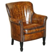 VINTAGE HAND DYED CIGAR BROWN LEATHER TUB CLUB ARMCHAIR HAND STUDDED UPHOLSTERY