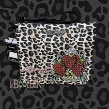 Ed Hardy Leopard Print 3 Heart Rhinestone Wristlet Cosmetic Bag NEW Viral Y2K