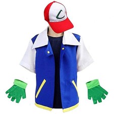 Kids Ash Ketchum Overcoat Costume Jacket Gloves Hat Fancy Dress Cosplay Kits UK