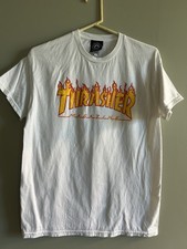 Thrasher Flame Logo T-Shirt White Size Medium Skateboard Skate Mag San Francisco