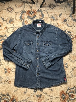 Wrangler Shirt Mens Extra Large Blue Denim Western Snap Front Long Sleeve Indigo