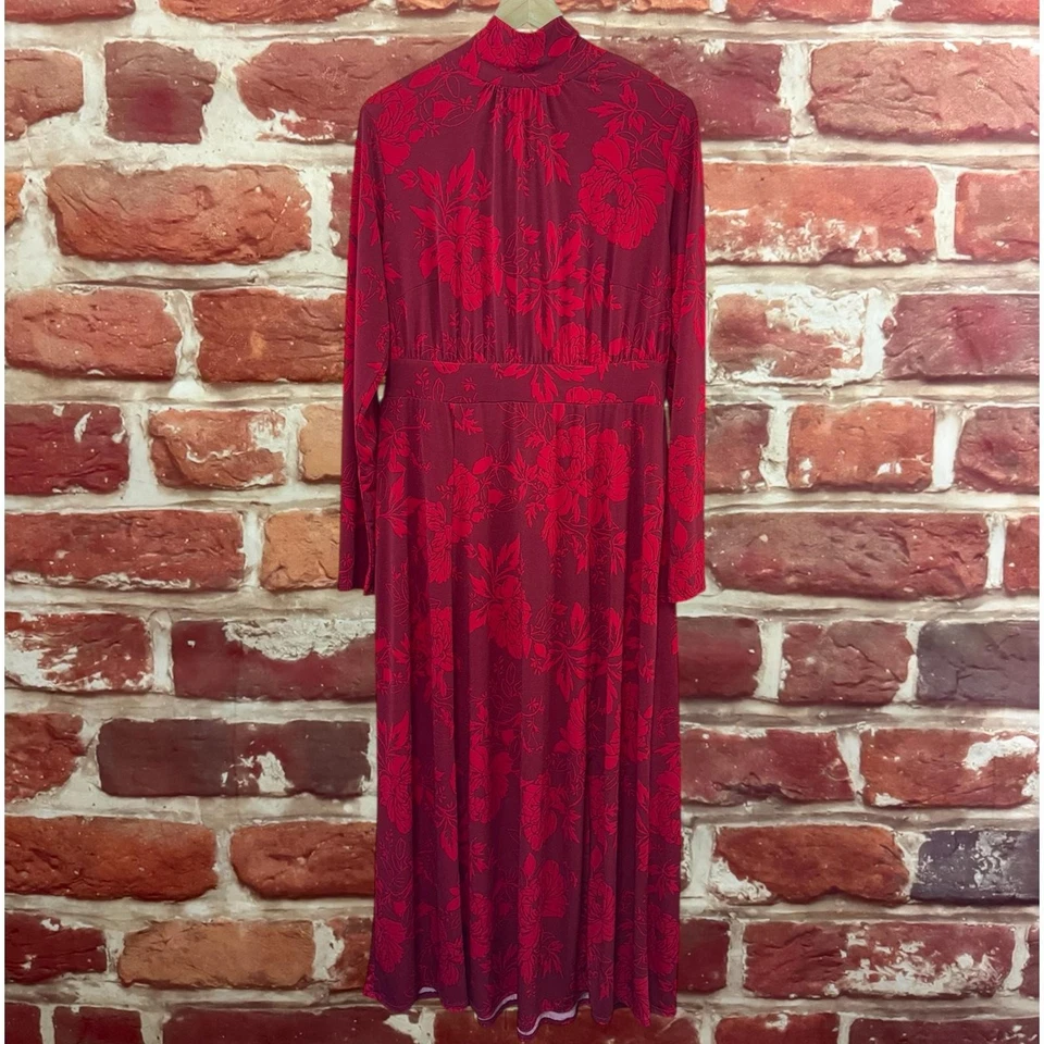 Maxi Vestido Lane Bryant Para Mujer 14/16 Rojo Floral Cuello Atado Elástico Informal Carrera Foto 2 de 4