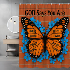 Butterfly Shower Curtain with Inspirational Quotes and Blue Flowers