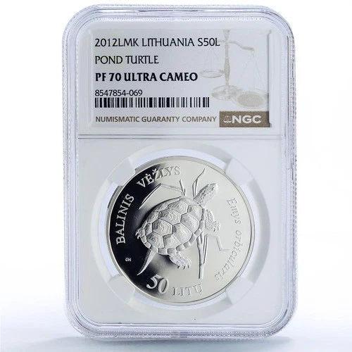 Lithuania 50 litu Pond Turtle Nature Wildlife Fauna PF 70 NGC silver coin 2012