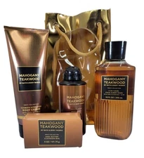 NEW Mahogany Teakwood Gift Bag Set Body Cream, Shower Gel, Body Spray & Bar Soap