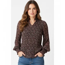 Cabi To Womens Medium Floral Print Knife Pleat Mock Neck Long Sleeve Blouse