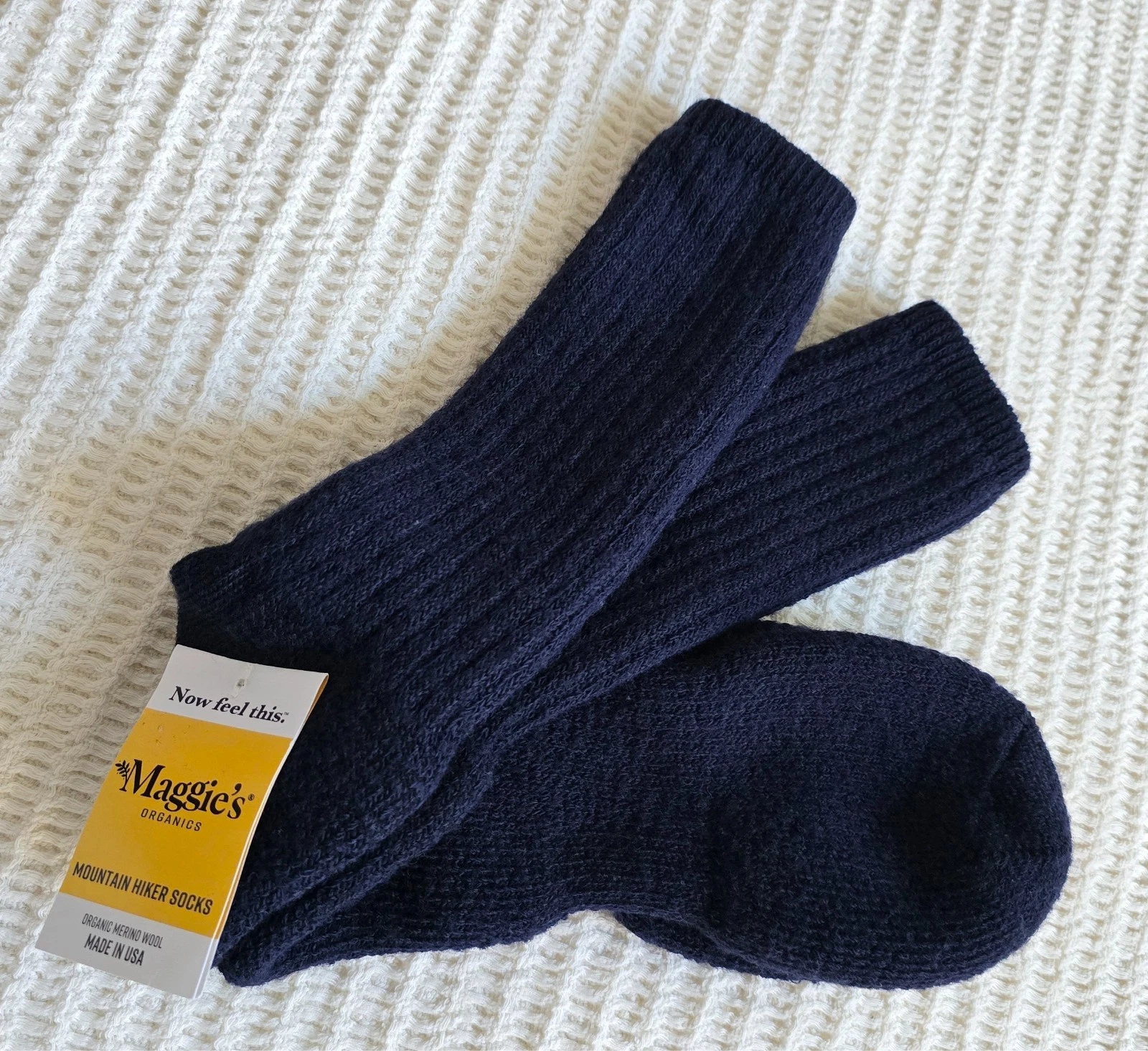 New Organic Merino Wool Mountain Hiker Socks Sz Large Dark Blue Color Maggie's