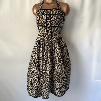 Vintage Y2K 90s Sexy Bombshell Cheetah Print Cocktail Halter Dress Dollz S