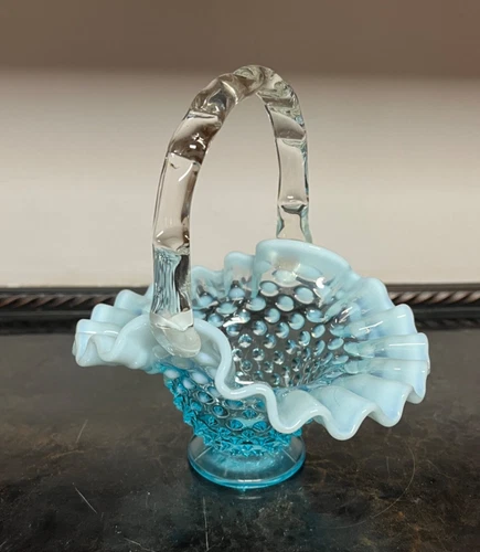 Vintage Fenton Blue Opalescent Hobnail Basket Ruffled Glass w Handle