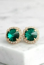 3Ct Lab Created Emerald Push Back Halo Stud Earrings 14K Yellow Gold Finish