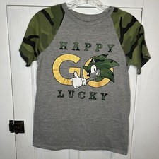 SONIC The Hedgehog SEGA HAPPY GO LUCKY Large Youth Boys T-Shirt Gray  Camo