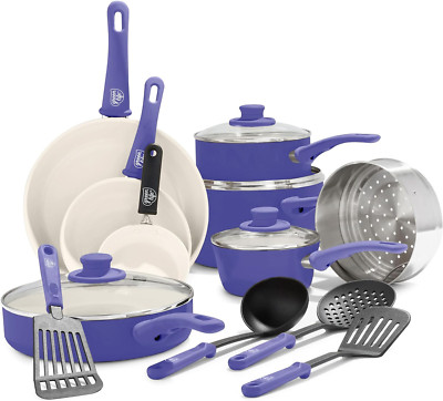Soft Grip 16-Piece Nonstick Cookware Set with Stay-Cool Handles - Periwinkle
