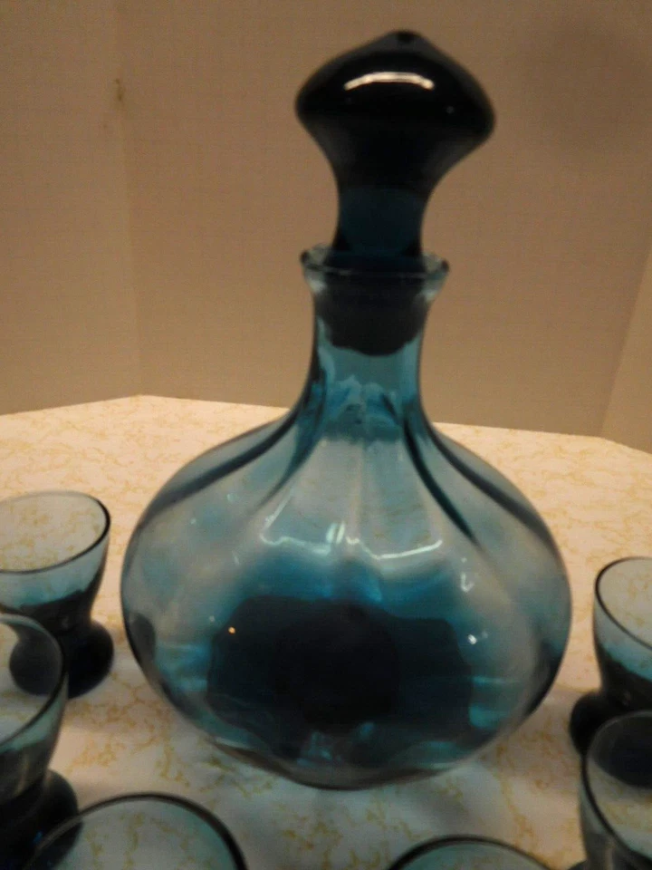 Vintage Blue Glass Wine/Liquor Serving Set of Bottle, Solid Lid & 6 Shot Glasses - Image 3 of 4