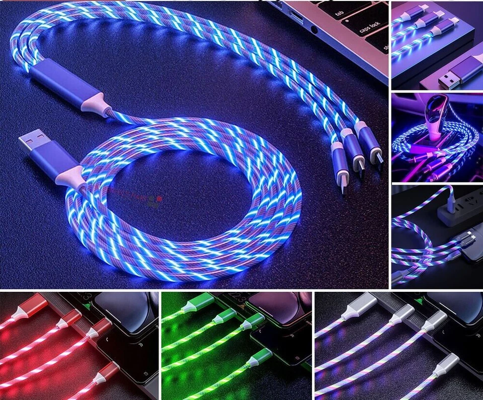 5PCS 3 in 1 LED Fast Charging Cable For iPhone Micro USB Type C Charger Cord - Image 2 of 4