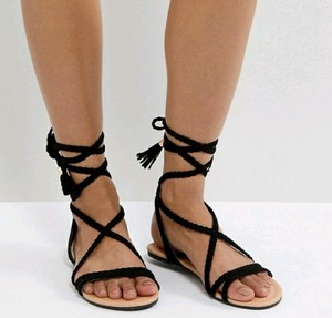 black ankle tie flat sandals