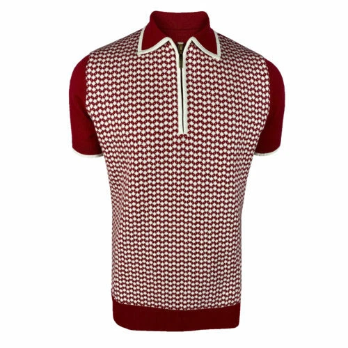 Vintage Herren Polo-Shirt Rot-Weiß Strick Polo Baumwolle Retro Mode Neu - Bild 1 von 2