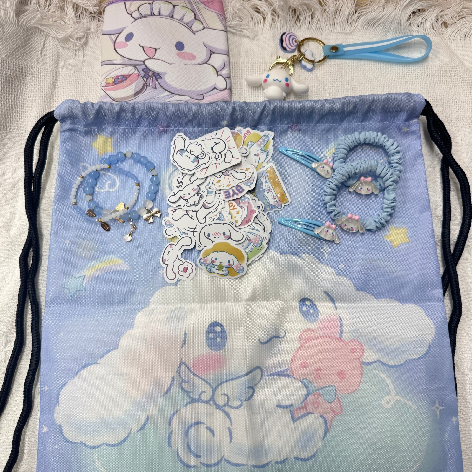 Cinnamoroll Cute Set for Girl,Drawstring Bag,Keychain,Stickers,Coin Bag,Bracelet